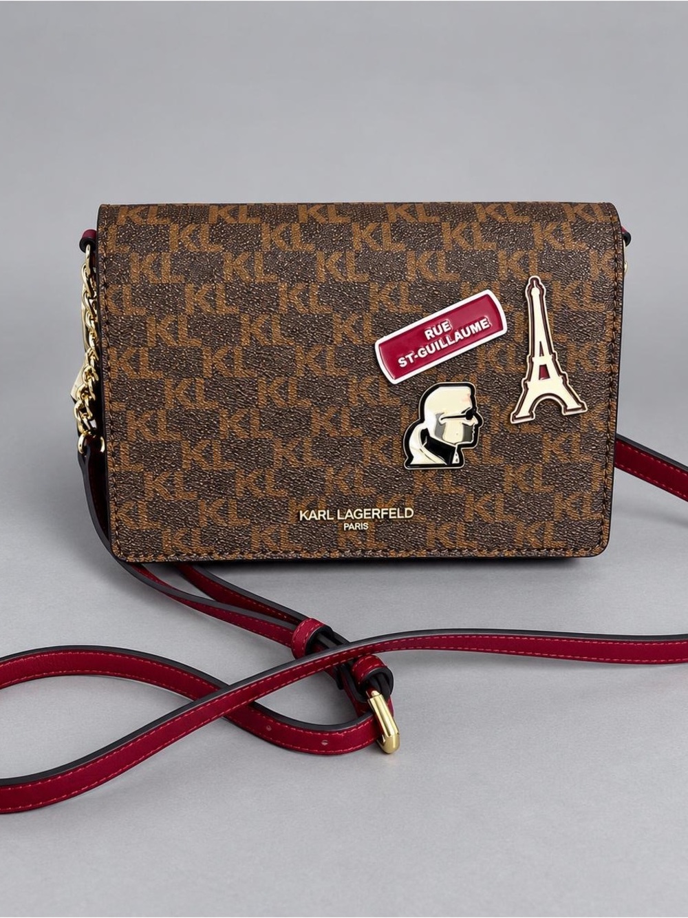 Karl Lagerfeld Brown Monogram Crossbody with Red Strap and Paris Pins